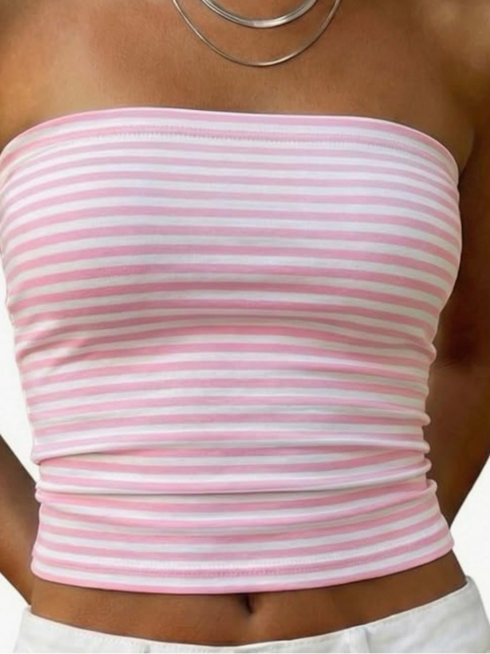 Amazon Pink & White Striped Strapless Tube Top